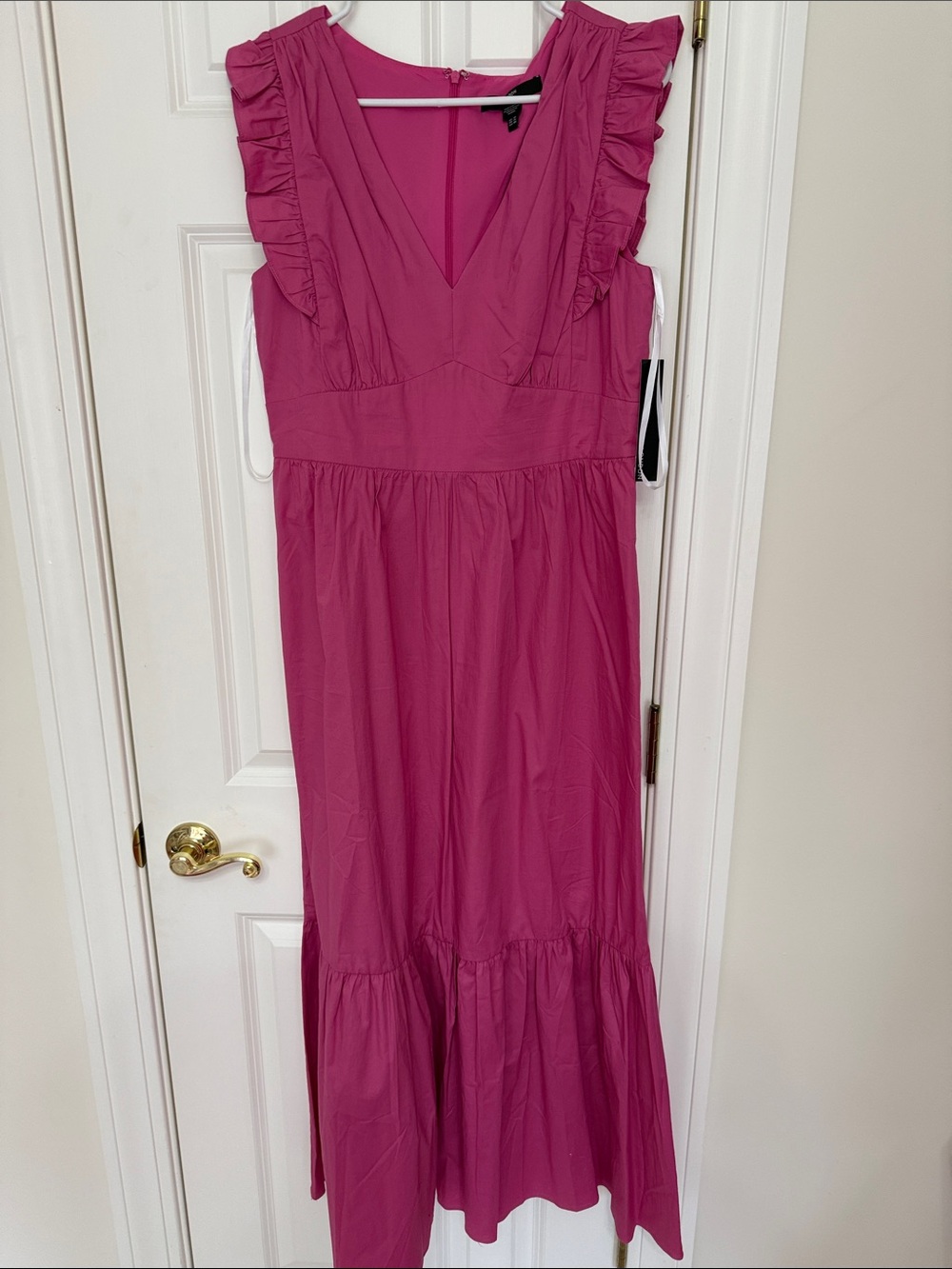 Maggy London Fuchsia Ruffle-Trim V-Neck Maxi Dress